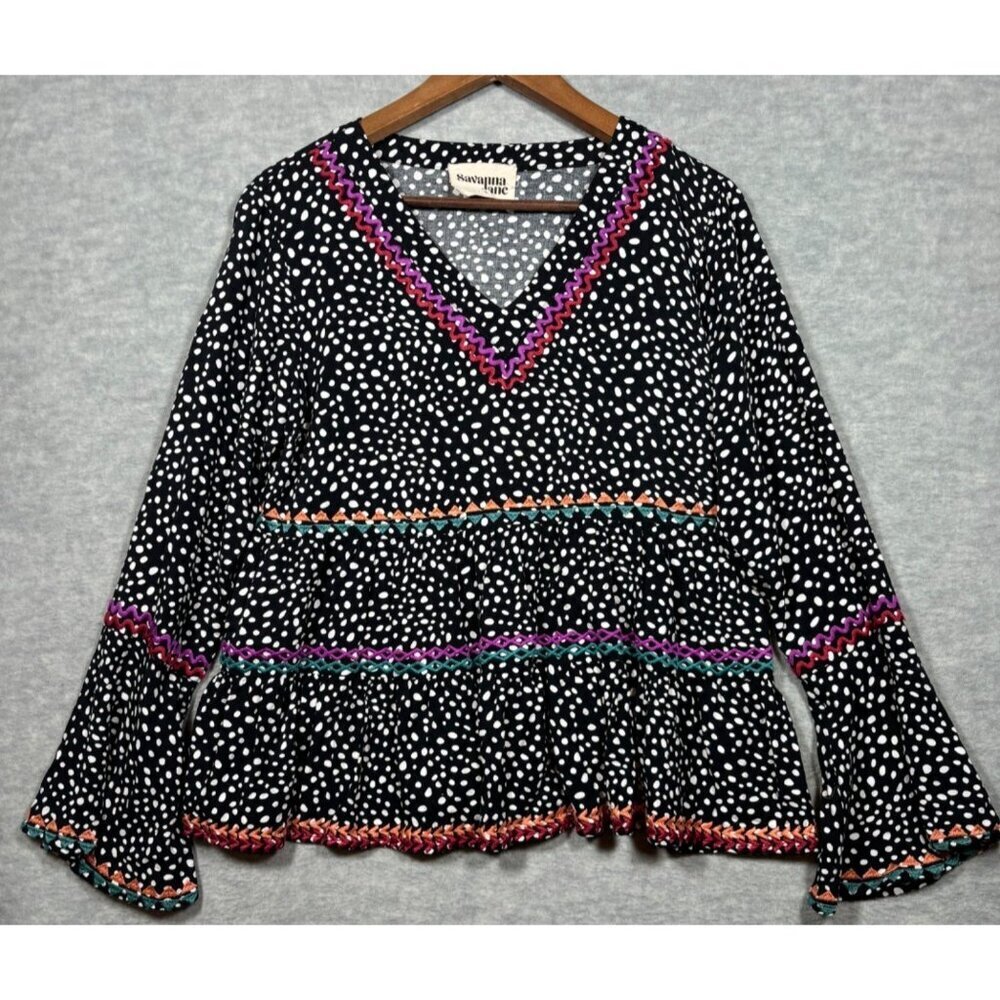 Savanna Jane Polka Dot Boho‎ Top S Embroidered Bell Sleeves V Neck Casual